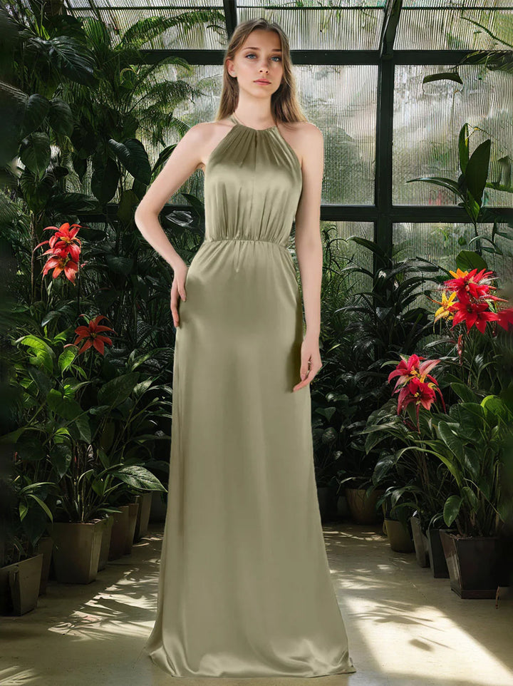 A-Line/Princess Halter Sleeveless Floor-Length Bridesmaid Dresses with Ruffles