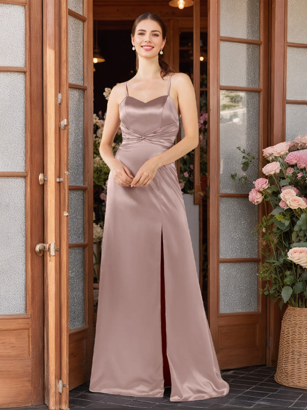 A-Line/Princess Spaghetti Straps Sleeveless Floor-Length Bridesmaid Dresses with Split Side & Ruffles