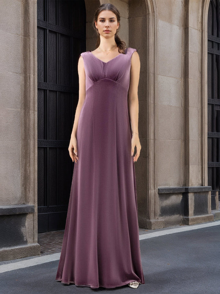 A-Line/Princess V-Neck Sleeveless Floor-Length Velvet  Bridesmaid Dresses with Ruffles