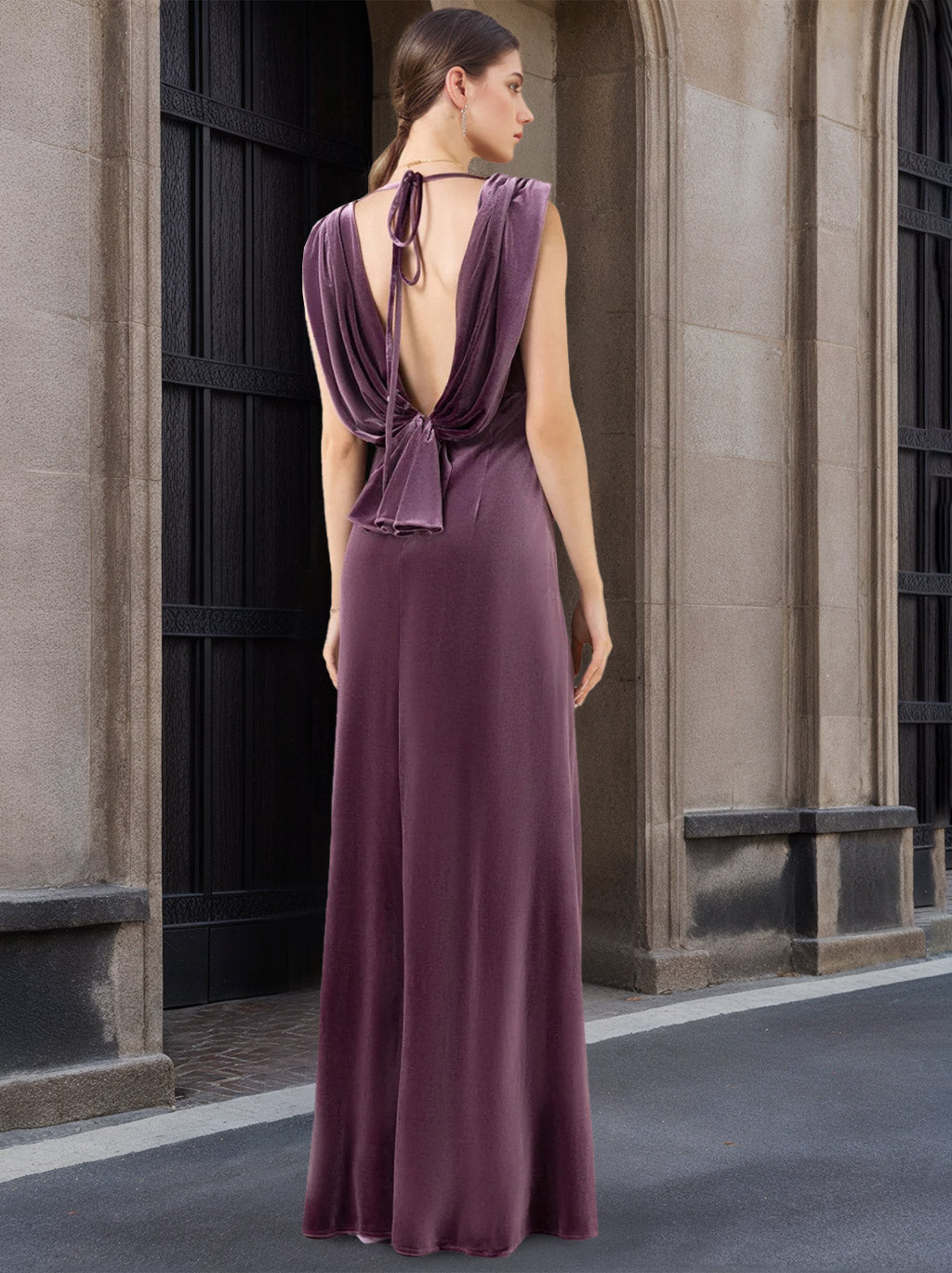 A-Line/Princess V-Neck Sleeveless Floor-Length Velvet  Bridesmaid Dresses with Ruffles