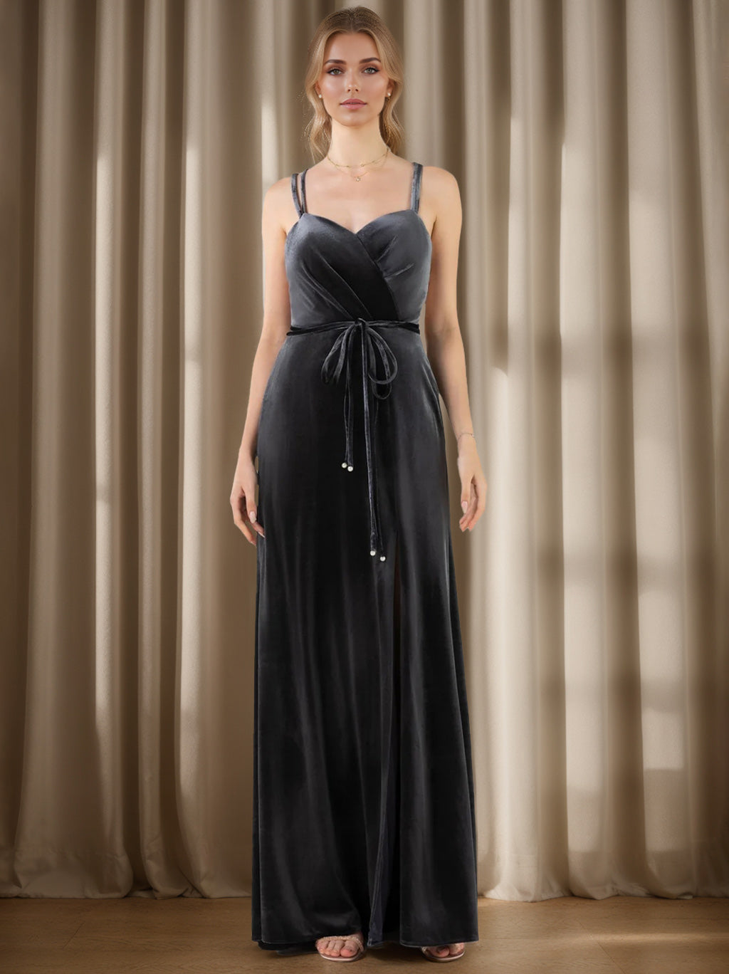 A-Line/Princess Square Sleeveless Floor-Length Velvet Bridesmaid Dresses with Ruffles