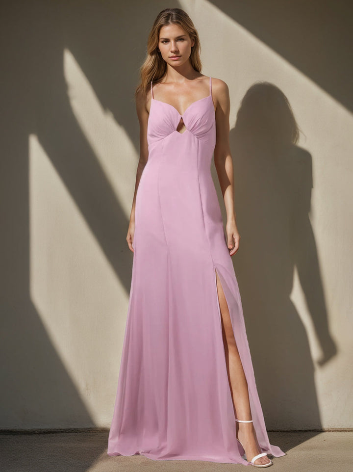 A-Line/Princess Spaghetti Straps Sleeveless Floor-Length Bridesmaid Dresses with Split Side
