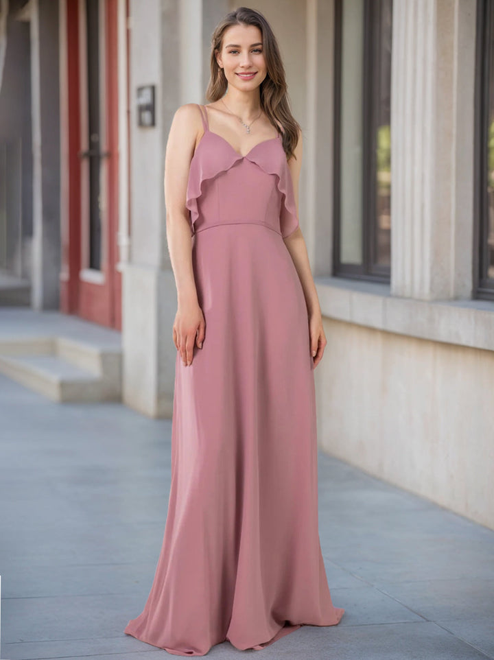 A-Line/Princess V-Neck Sleeveless Floor-Length Chiffon Unique Bridesmaid Dresses
