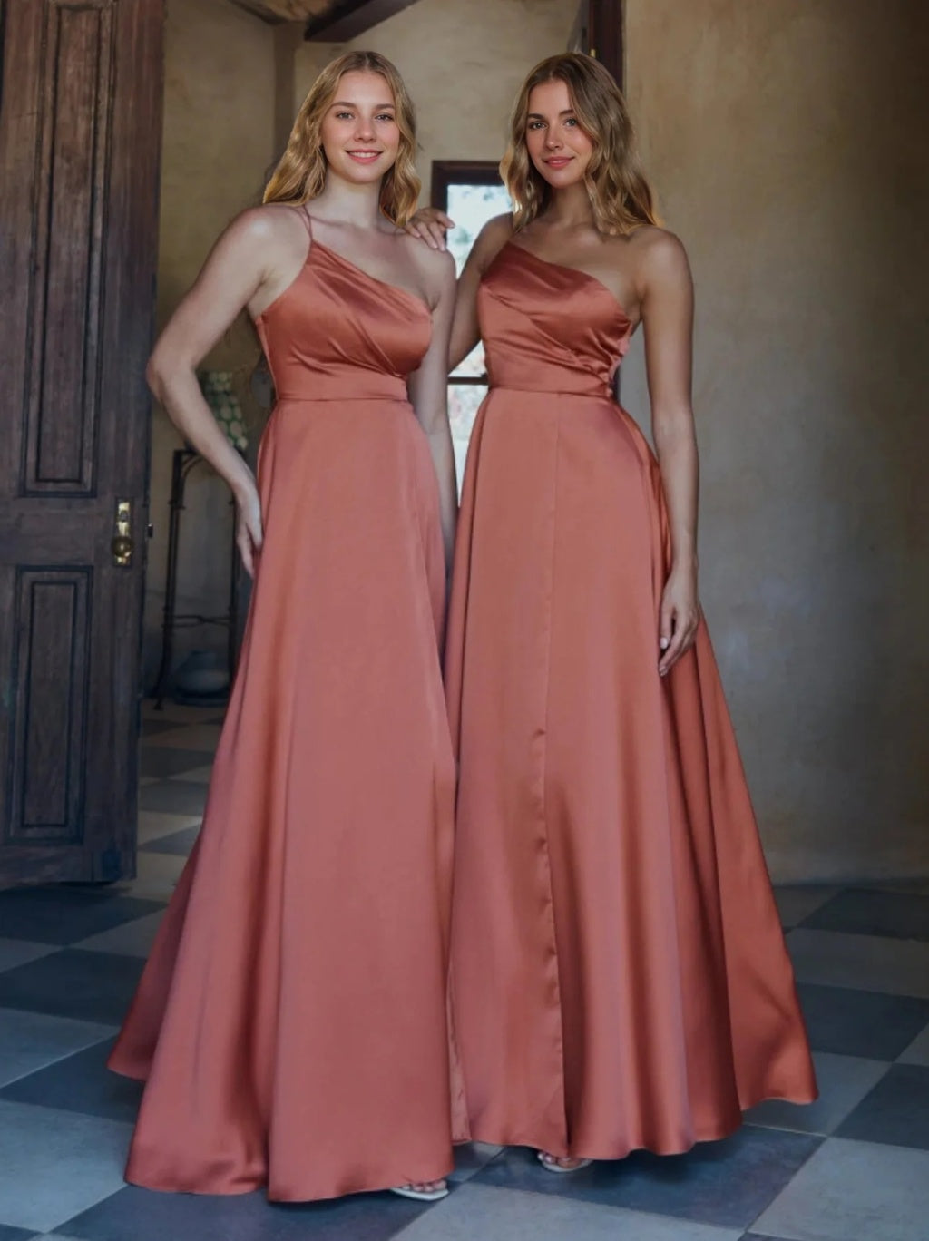 A-Line/Princess One-Shoulder Sleeveless Floor-Length Silk Satin Bridesmaid Dresses