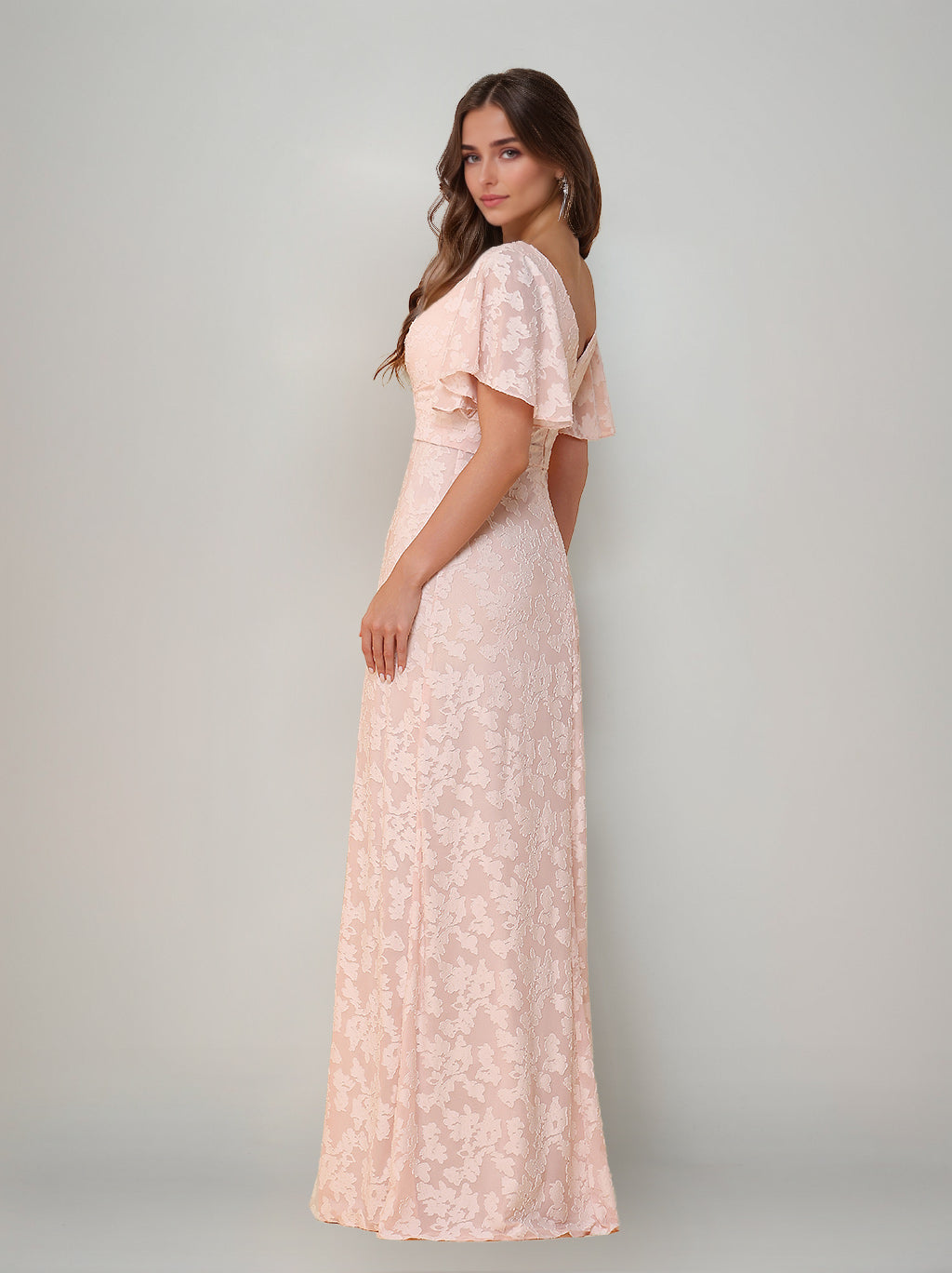 A-Line/Princess V-Neck Short Sleeves Floor-Length Bridesmaid Dresses with Split Side & Ruched