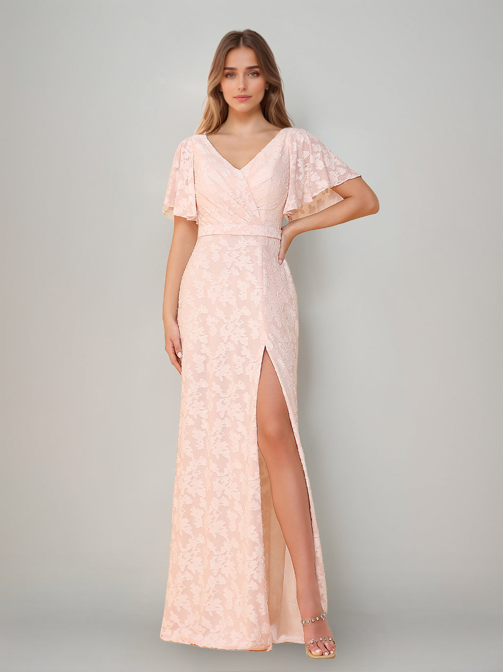 A-Line/Princess V-Neck Short Sleeves Floor-Length Bridesmaid Dresses with Split Side & Ruched