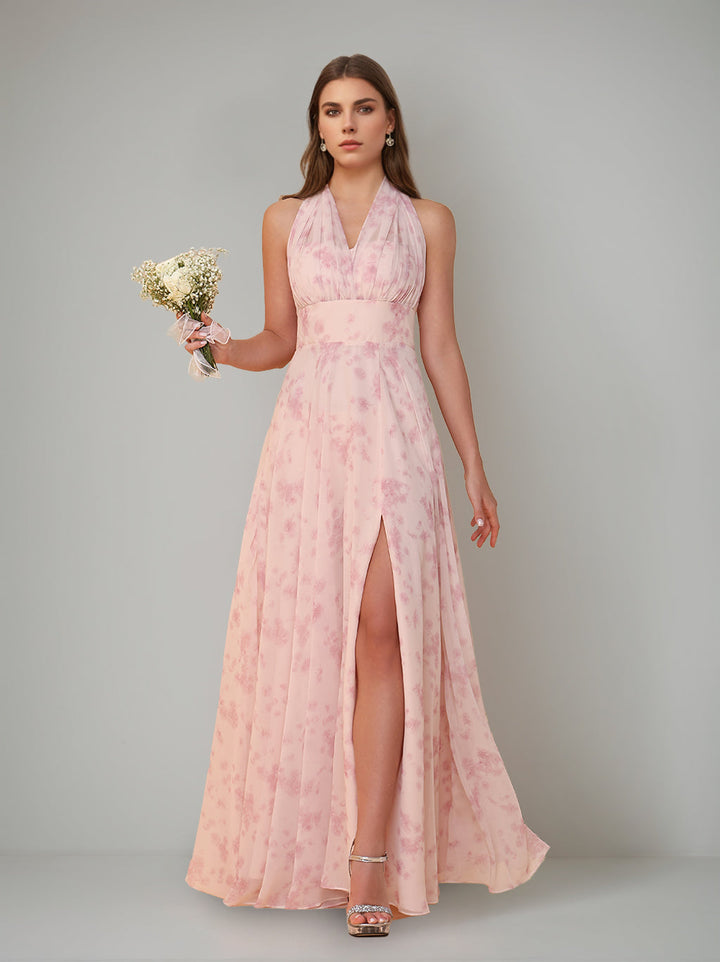 A-Line/Princess One-Shoulder Sleeveless Floor-Length Bridesmaid Dresses with Split Side & Pleated