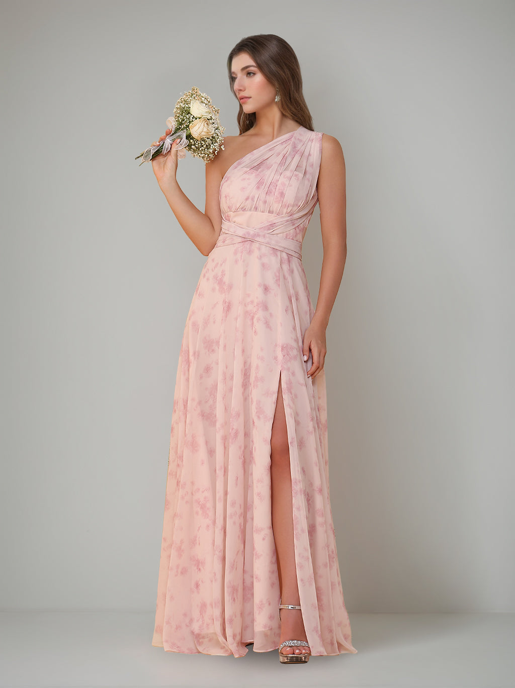 A-Line/Princess One-Shoulder Sleeveless Floor-Length Bridesmaid Dresses with Split Side & Pleated