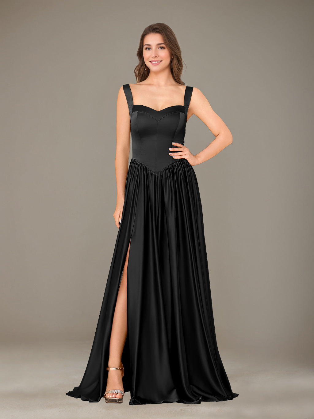A-Line/Princess Sweetheart Sleeveless Floor-Length Silk Satin Bridesmaid Dresses with Pleated & Split Side