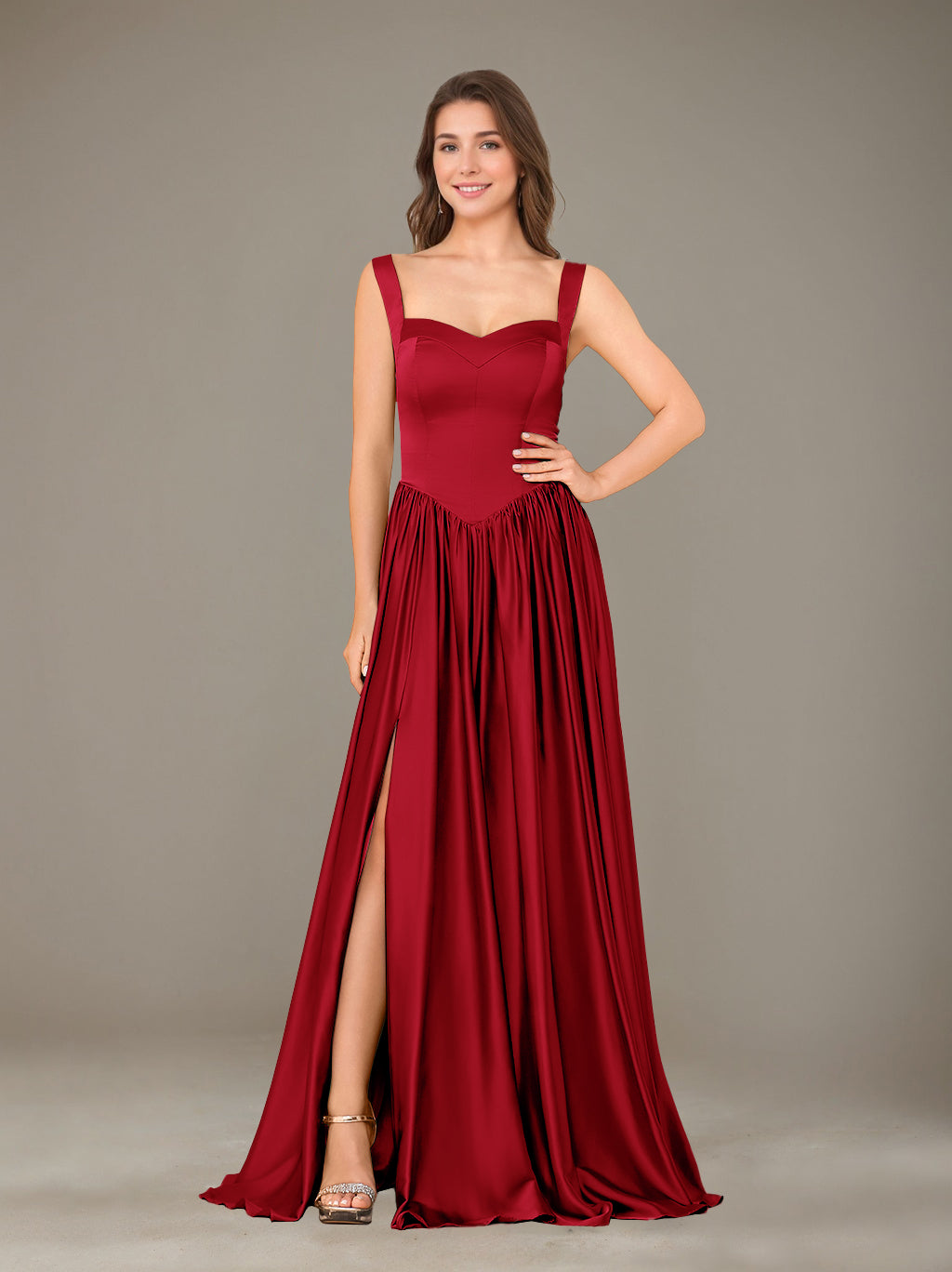 A-Line/Princess Sweetheart Sleeveless Floor-Length Silk Satin Bridesmaid Dresses with Pleated & Split Side
