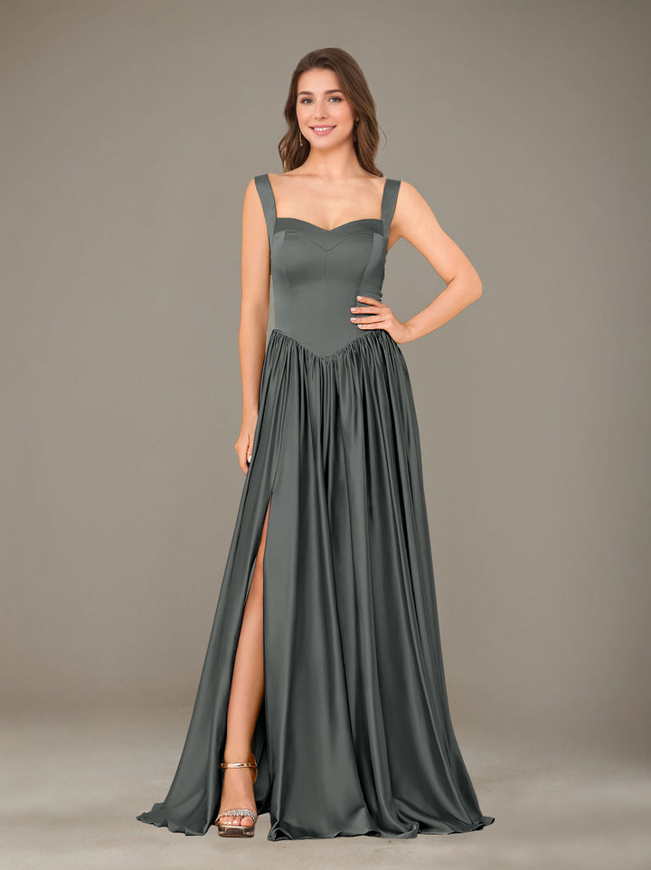 A-Line/Princess Sweetheart Sleeveless Floor-Length Silk Satin Bridesmaid Dresses with Pleated & Split Side