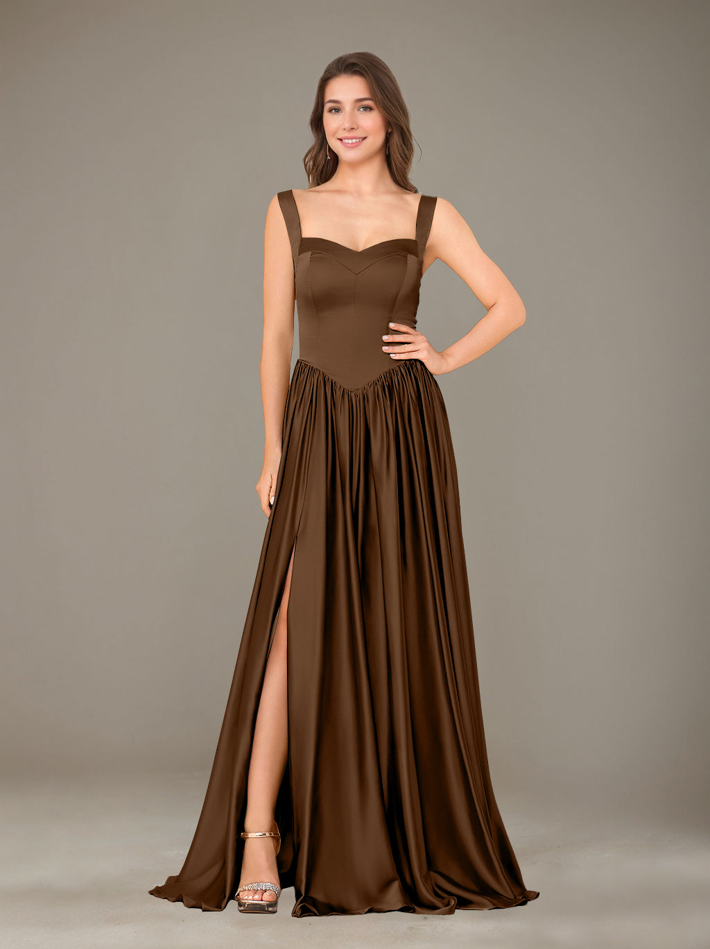 A-Line/Princess Sweetheart Sleeveless Floor-Length Silk Satin Bridesmaid Dresses with Pleated & Split Side
