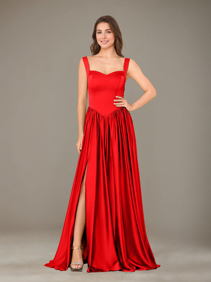 A-Line/Princess Sweetheart Sleeveless Floor-Length Silk Satin Bridesmaid Dresses with Pleated & Split Side