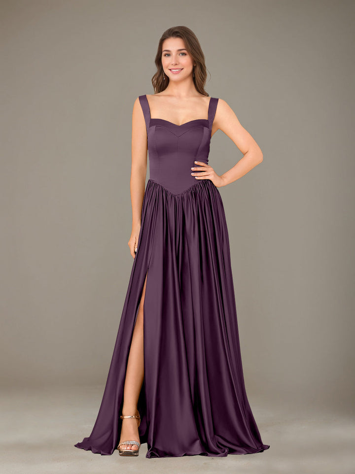 A-Line/Princess Sweetheart Sleeveless Floor-Length Silk Satin Bridesmaid Dresses with Pleated & Split Side