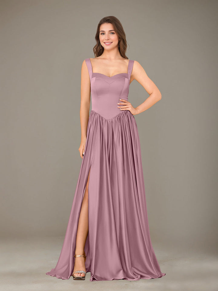 A-Line/Princess Sweetheart Sleeveless Floor-Length Silk Satin Bridesmaid Dresses with Pleated & Split Side