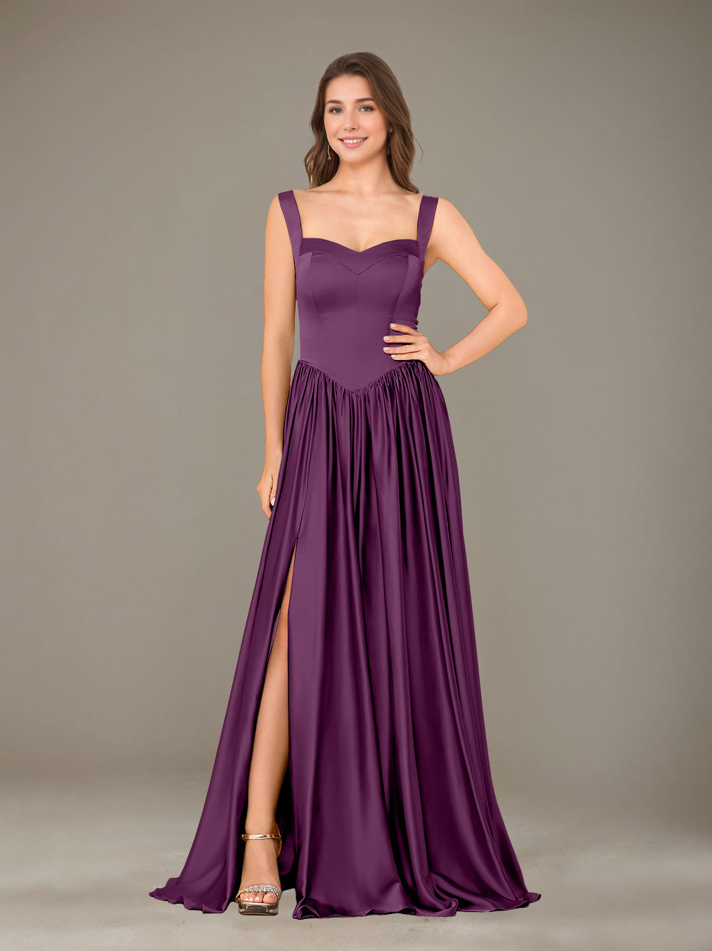 A-Line/Princess Sweetheart Sleeveless Floor-Length Silk Satin Bridesmaid Dresses with Pleated & Split Side