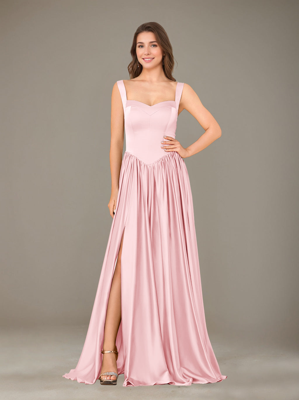 A-Line/Princess Sweetheart Sleeveless Floor-Length Silk Satin Bridesmaid Dresses with Pleated & Split Side
