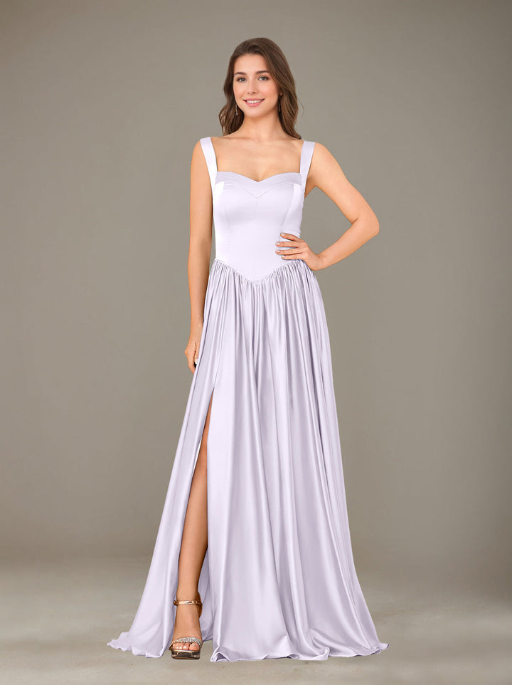 A-Line/Princess Sweetheart Sleeveless Floor-Length Silk Satin Bridesmaid Dresses with Pleated & Split Side