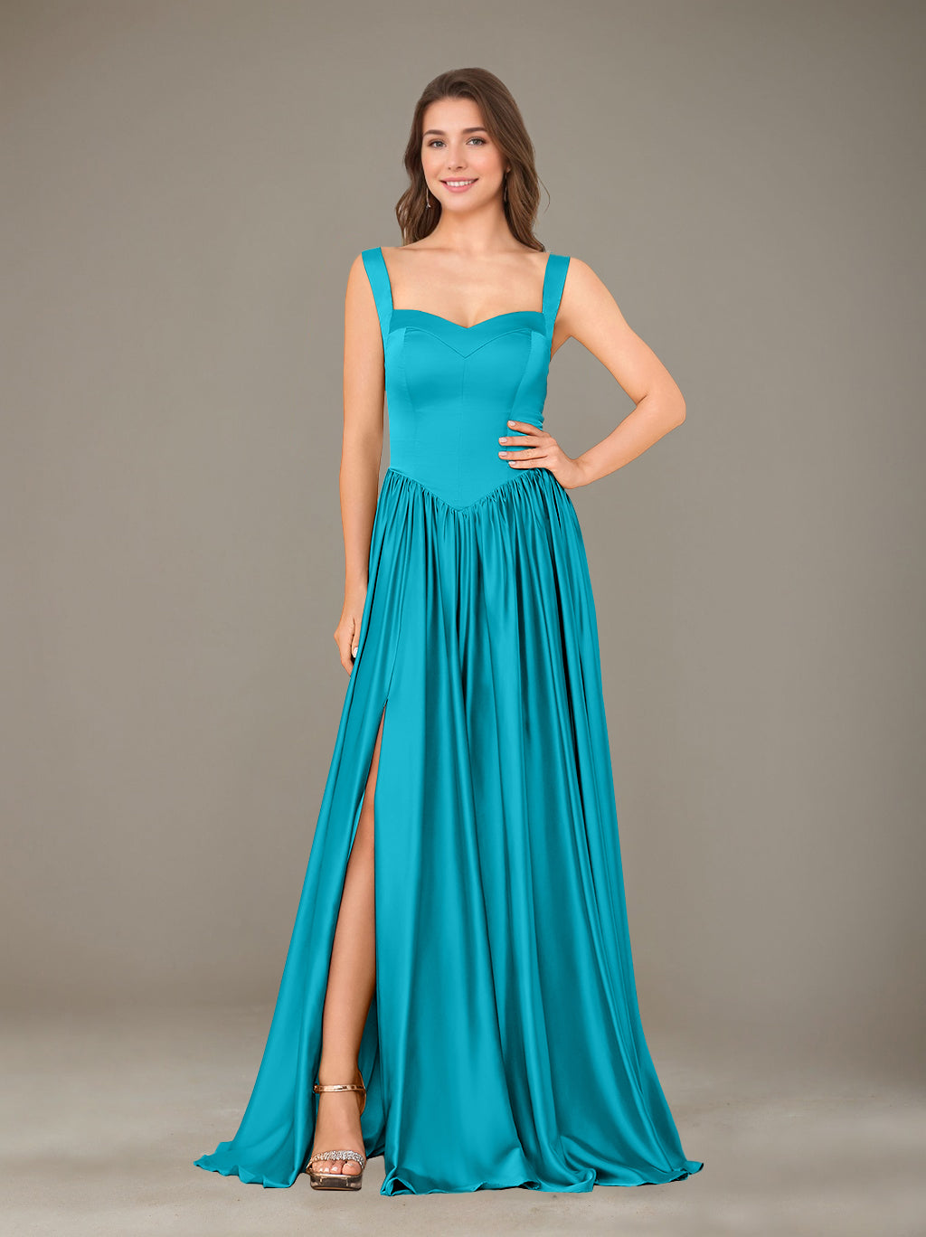 A-Line/Princess Sweetheart Sleeveless Floor-Length Silk Satin Bridesmaid Dresses with Pleated & Split Side