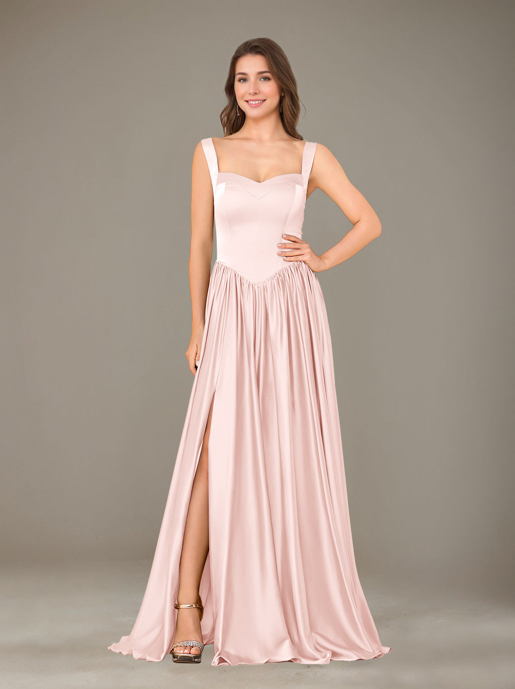 A-Line/Princess Sweetheart Sleeveless Floor-Length Silk Satin Bridesmaid Dresses with Pleated & Split Side