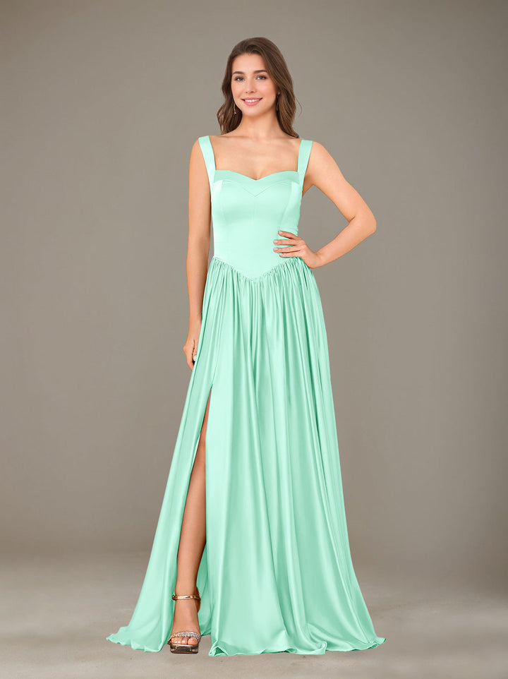 A-Line/Princess Sweetheart Sleeveless Floor-Length Silk Satin Bridesmaid Dresses with Pleated & Split Side