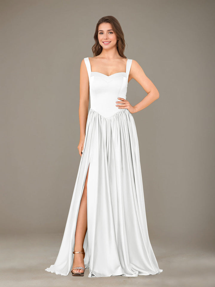 A-Line/Princess Sweetheart Sleeveless Floor-Length Silk Satin Bridesmaid Dresses with Pleated & Split Side
