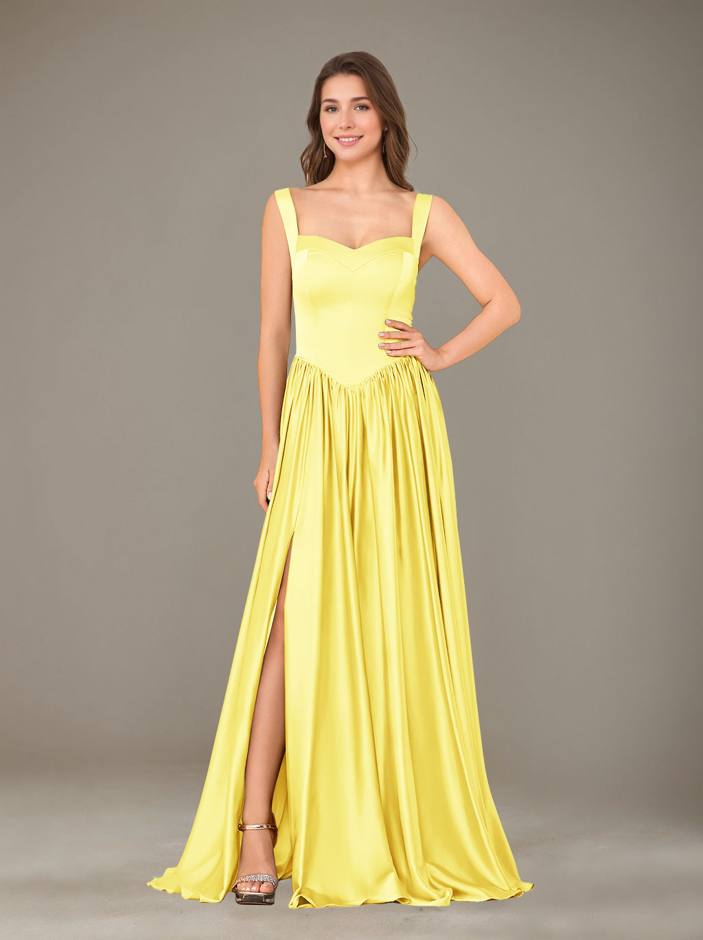 A-Line/Princess Sweetheart Sleeveless Floor-Length Silk Satin Bridesmaid Dresses with Pleated & Split Side