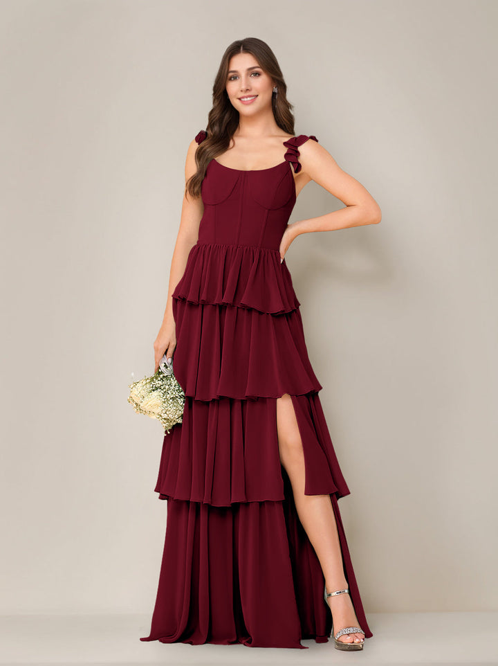 A-Line/Princess Scoop Neck Sleeveless Floor-Length Bridesmaid Dress with Ruffles & Split Side
