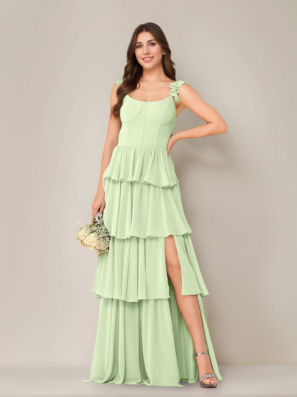A-Line/Princess Scoop Neck Sleeveless Floor-Length Bridesmaid Dress with Ruffles & Split Side