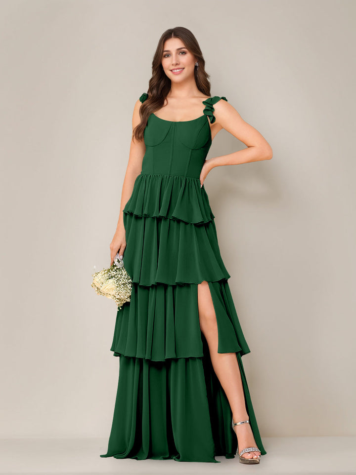 A-Line/Princess Scoop Neck Sleeveless Floor-Length Bridesmaid Dress with Ruffles & Split Side