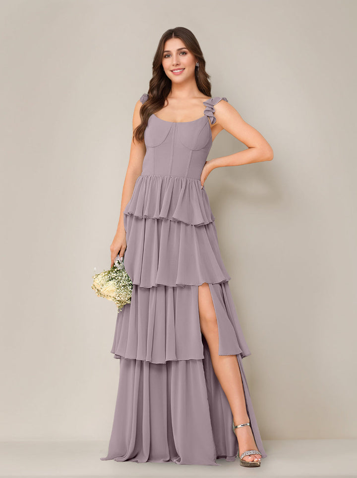 A-Line/Princess Scoop Neck Sleeveless Floor-Length Bridesmaid Dress with Ruffles & Split Side