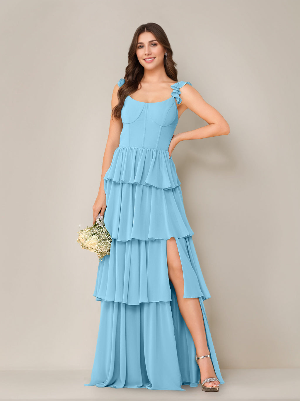 A-Line/Princess Scoop Neck Sleeveless Floor-Length Bridesmaid Dress with Ruffles & Split Side