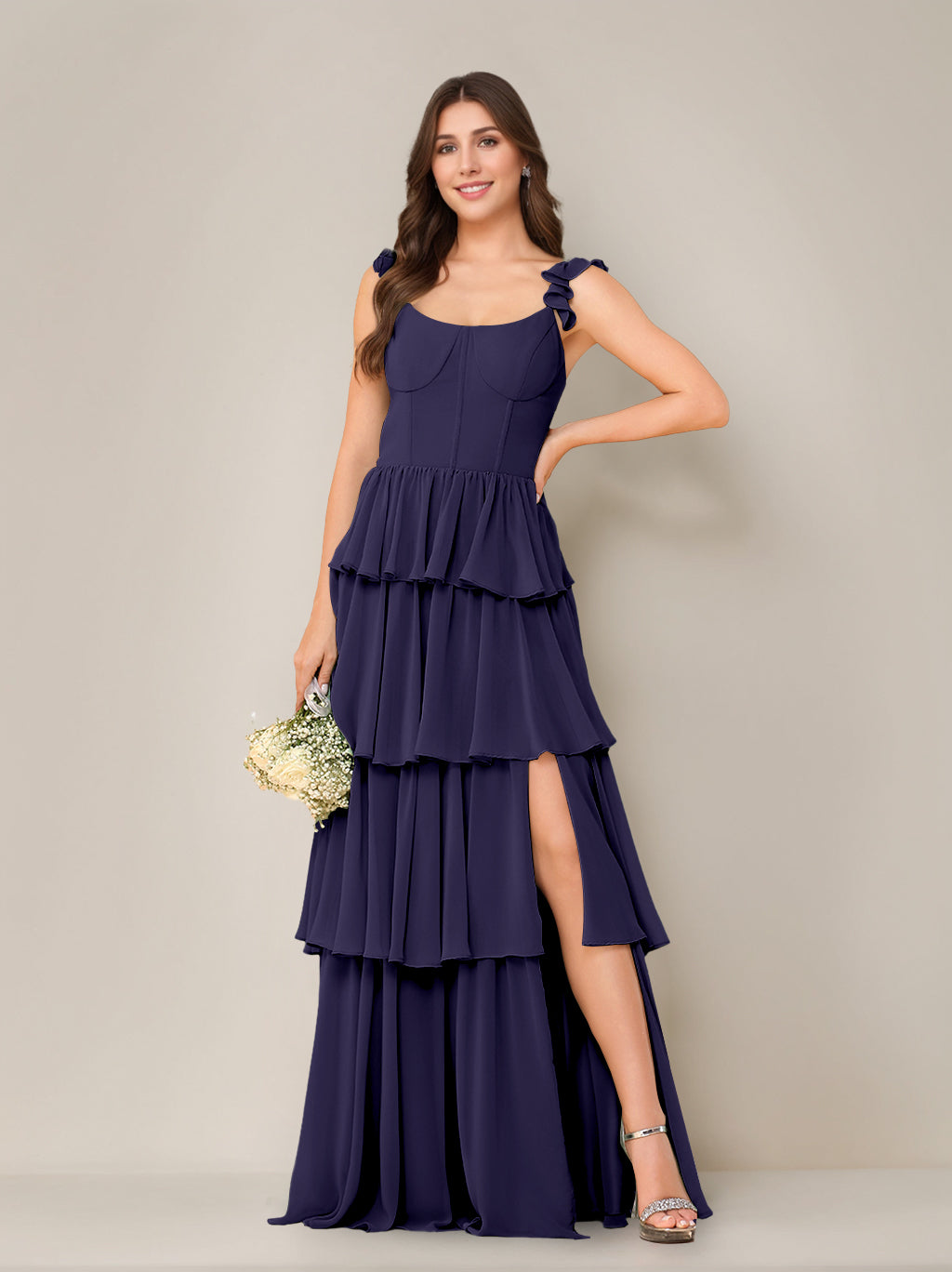 A-Line/Princess Scoop Neck Sleeveless Floor-Length Bridesmaid Dress with Ruffles & Split Side