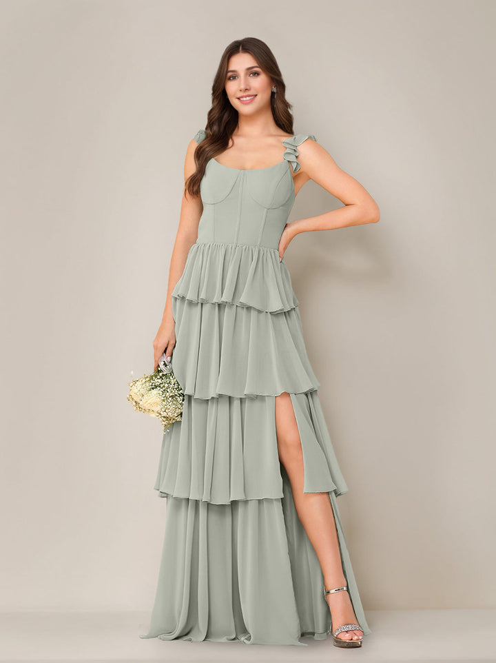 A-Line/Princess Scoop Neck Sleeveless Floor-Length Bridesmaid Dress with Ruffles & Split Side
