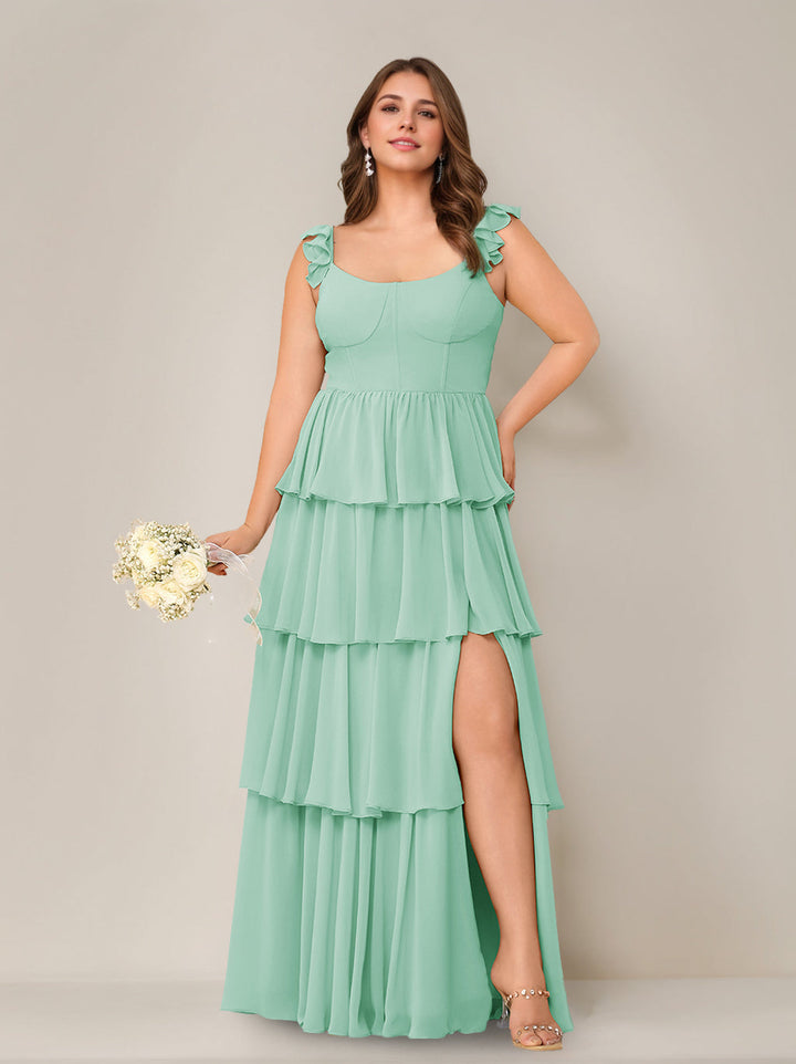 A-Line/Princess Scoop Neck Sleeveless Floor-Length Bridesmaid Dress with Ruffles & Split Side