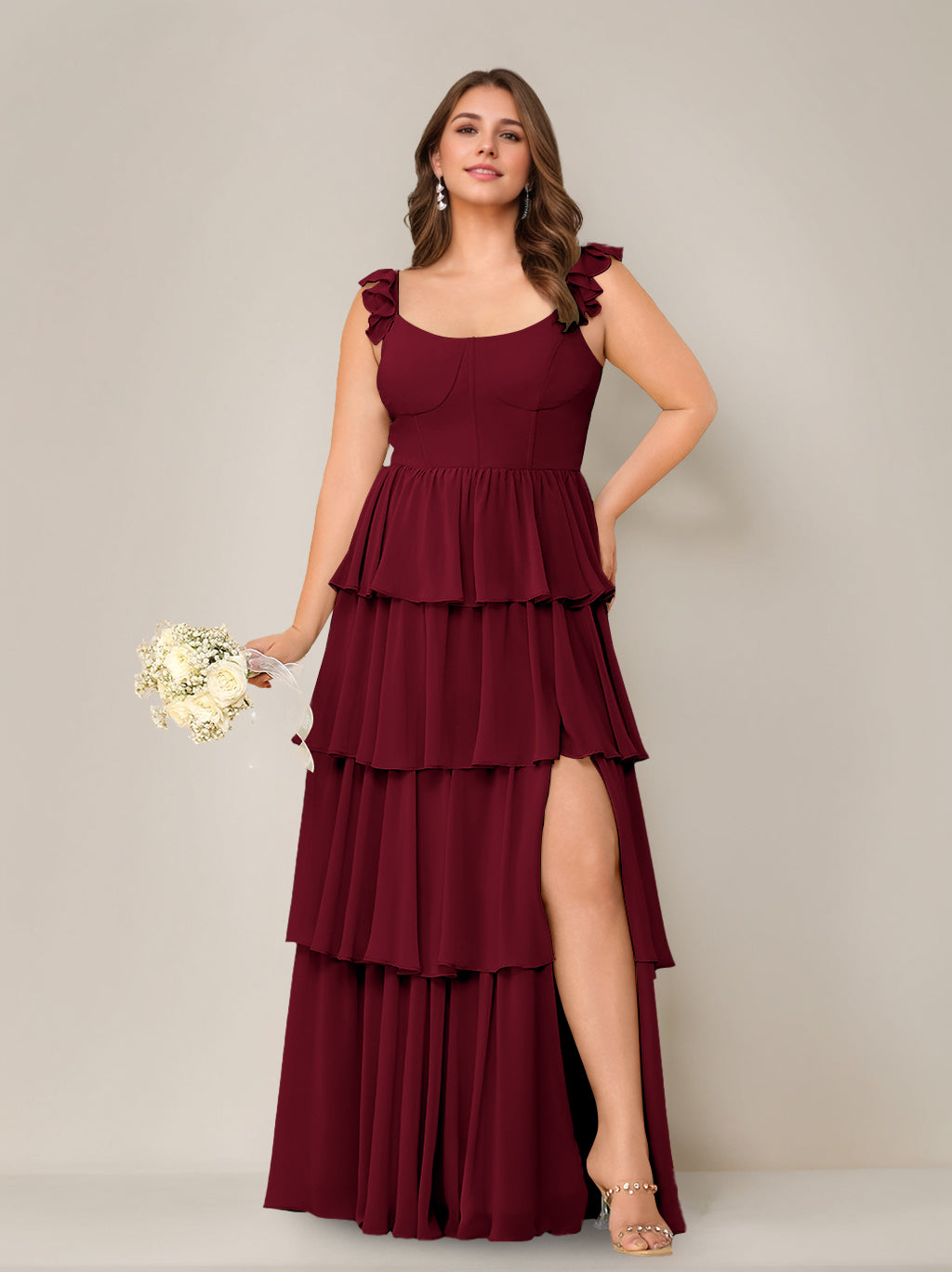 A-Line/Princess Scoop Neck Sleeveless Floor-Length Plus Size Bridesmaid Dress with Ruffles & Split Side