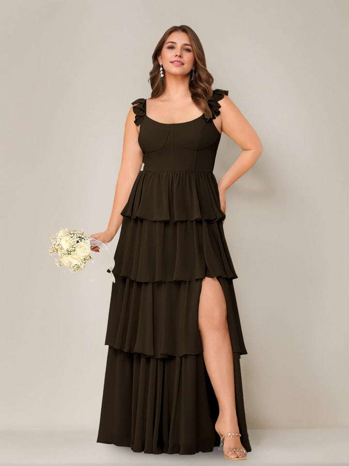 A-Line/Princess Scoop Neck Sleeveless Floor-Length Plus Size Bridesmaid Dress with Ruffles & Split Side