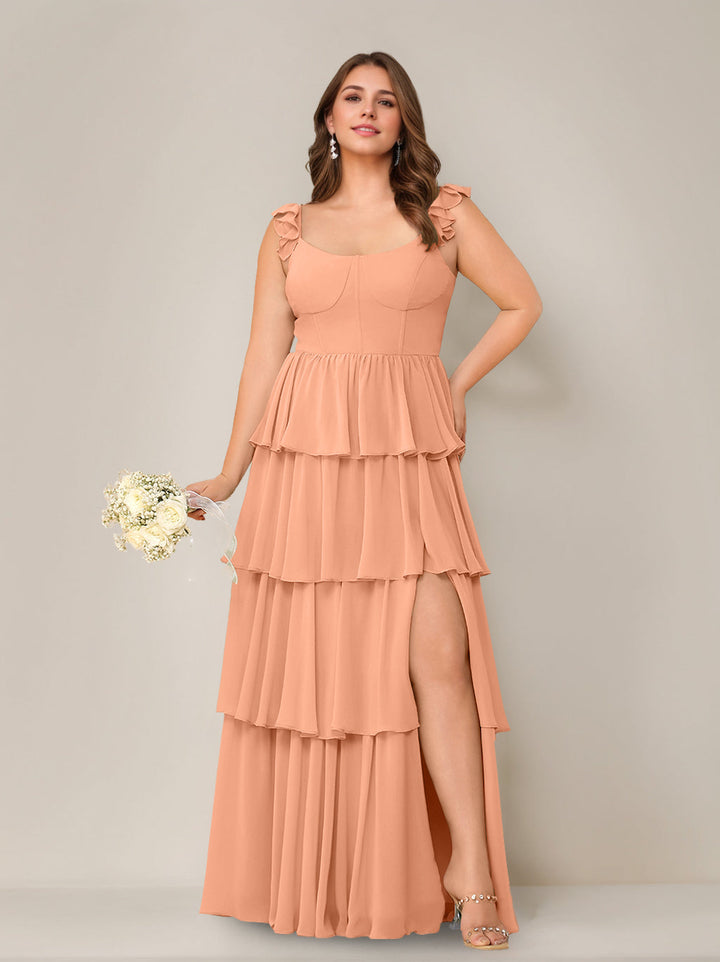 A-Line/Princess Scoop Neck Sleeveless Floor-Length Plus Size Bridesmaid Dress with Ruffles & Split Side