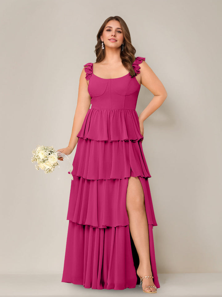 A-Line/Princess Scoop Neck Sleeveless Floor-Length Plus Size Bridesmaid Dress with Ruffles & Split Side