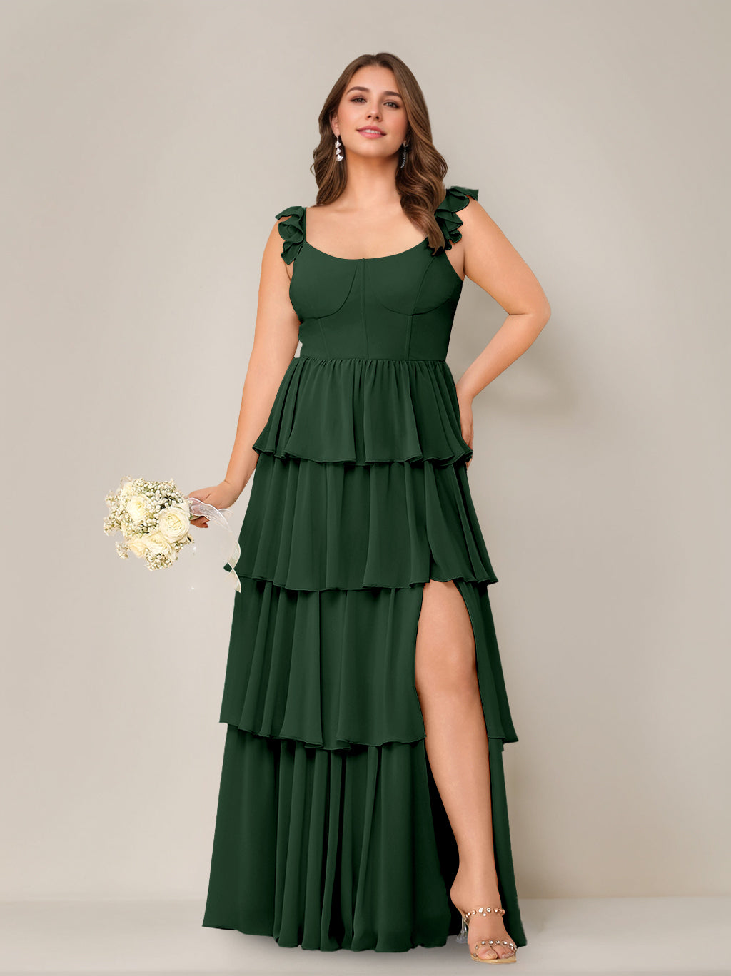 A-Line/Princess Scoop Neck Sleeveless Floor-Length Plus Size Bridesmaid Dress with Ruffles & Split Side