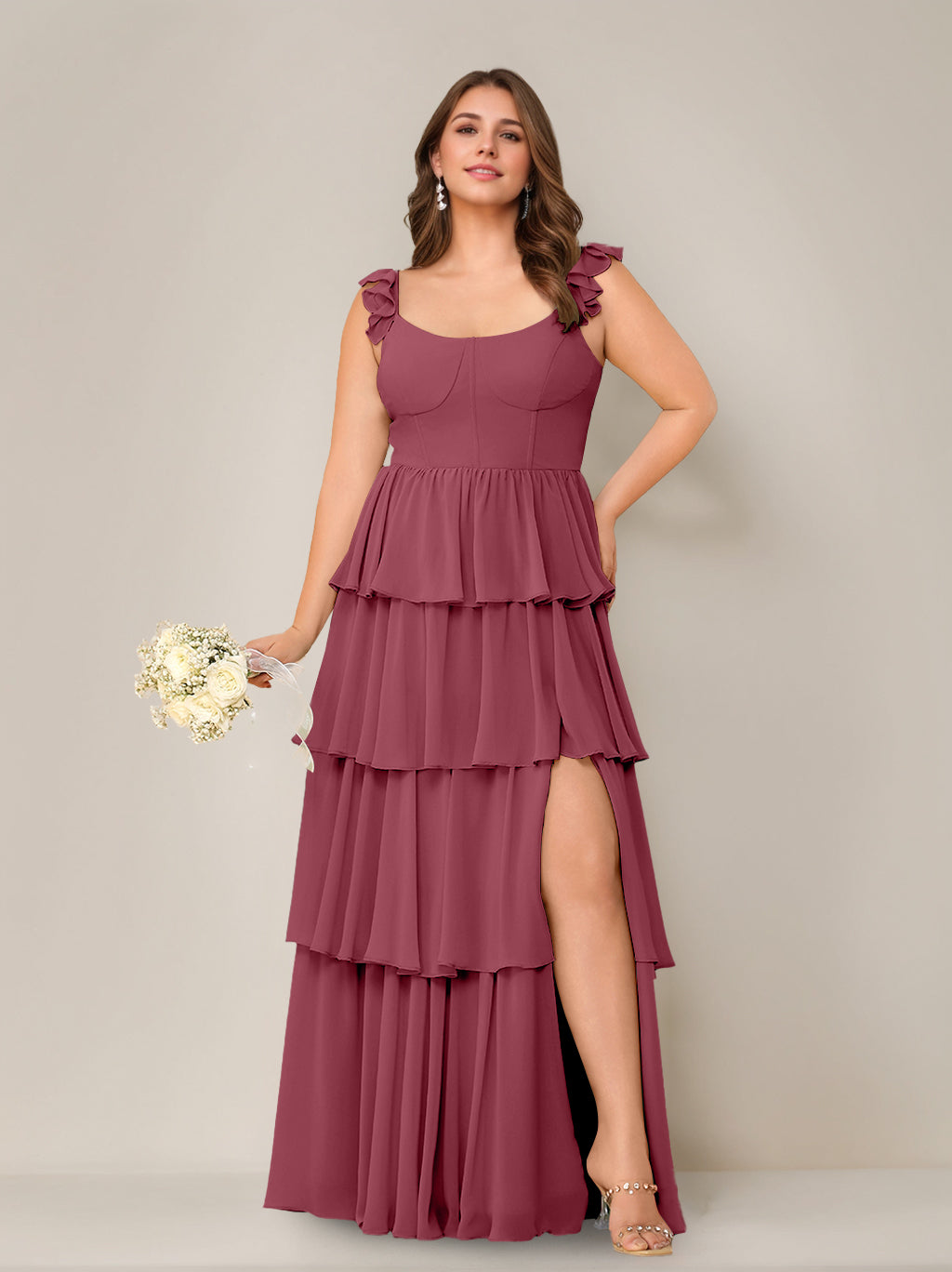 A-Line/Princess Scoop Neck Sleeveless Floor-Length Plus Size Bridesmaid Dress with Ruffles & Split Side