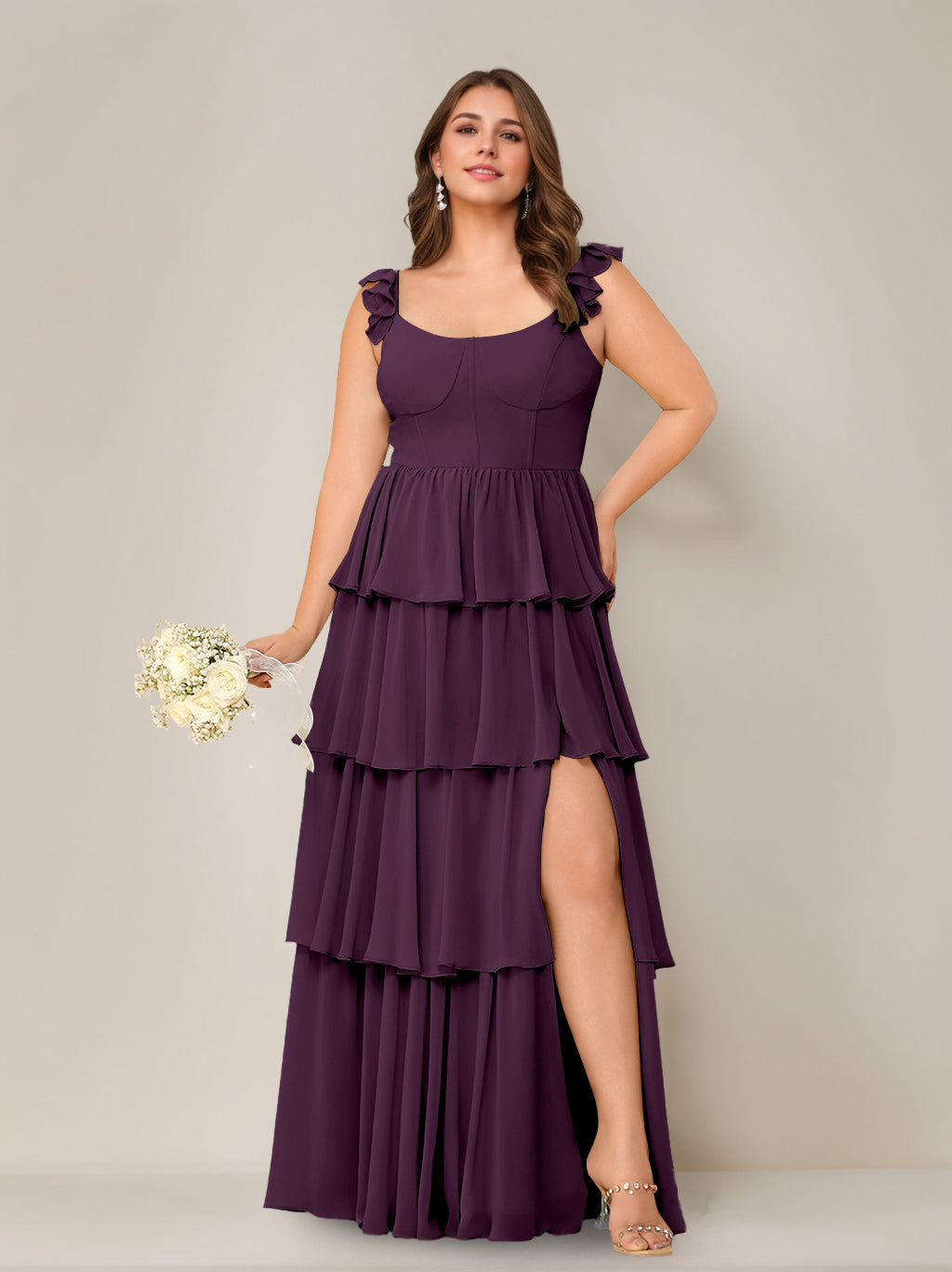 A-Line/Princess Scoop Neck Sleeveless Floor-Length Plus Size Bridesmaid Dress with Ruffles & Split Side