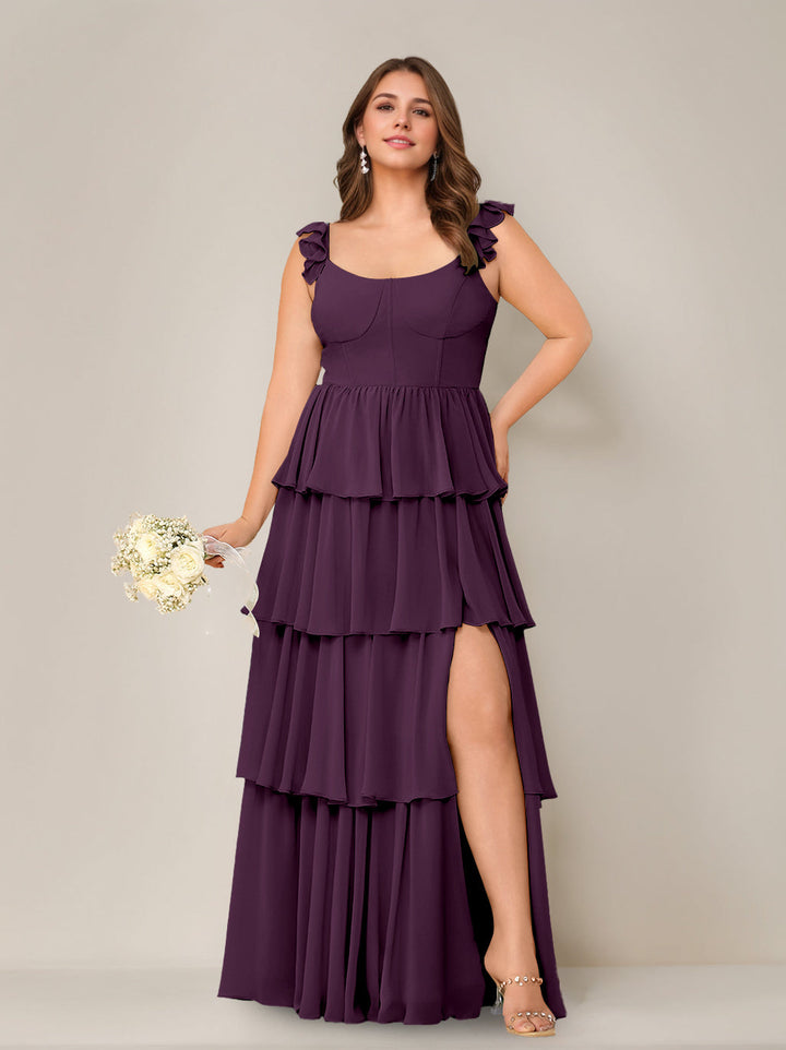 A-Line/Princess Scoop Neck Sleeveless Floor-Length Plus Size Bridesmaid Dress with Ruffles & Split Side