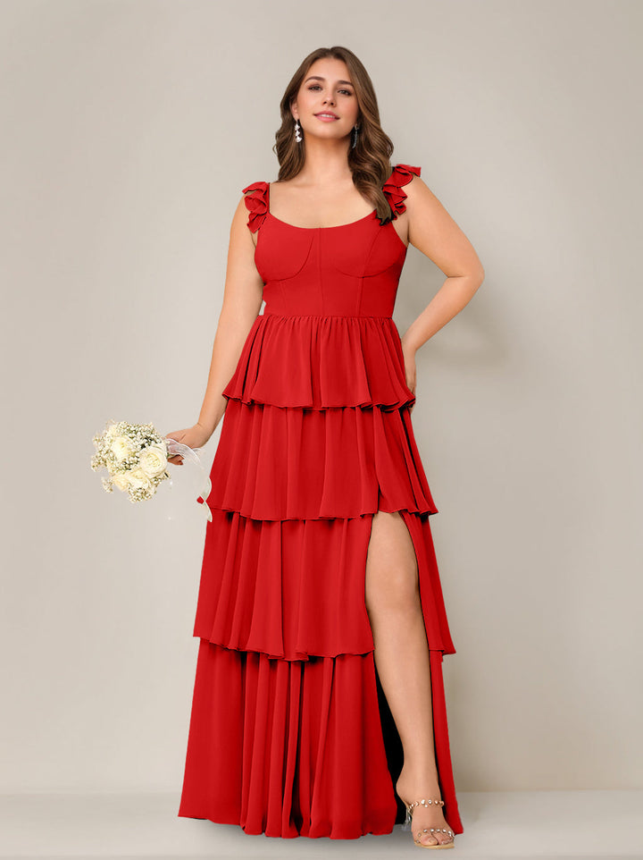 A-Line/Princess Scoop Neck Sleeveless Floor-Length Plus Size Bridesmaid Dress with Ruffles & Split Side