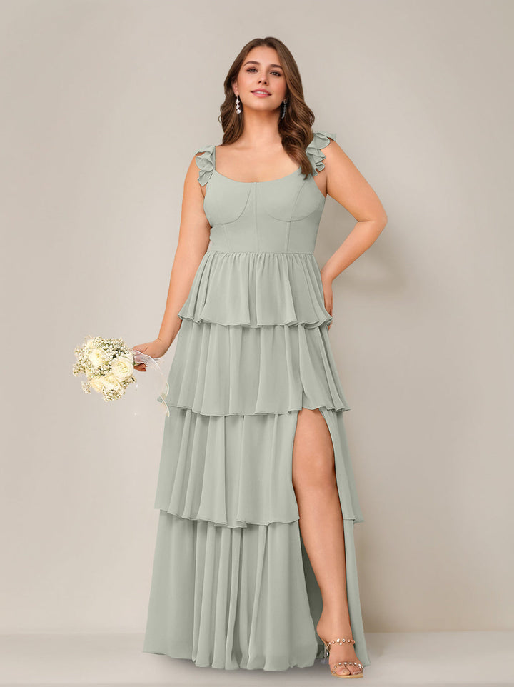 A-Line/Princess Scoop Neck Sleeveless Floor-Length Plus Size Bridesmaid Dress with Ruffles & Split Side