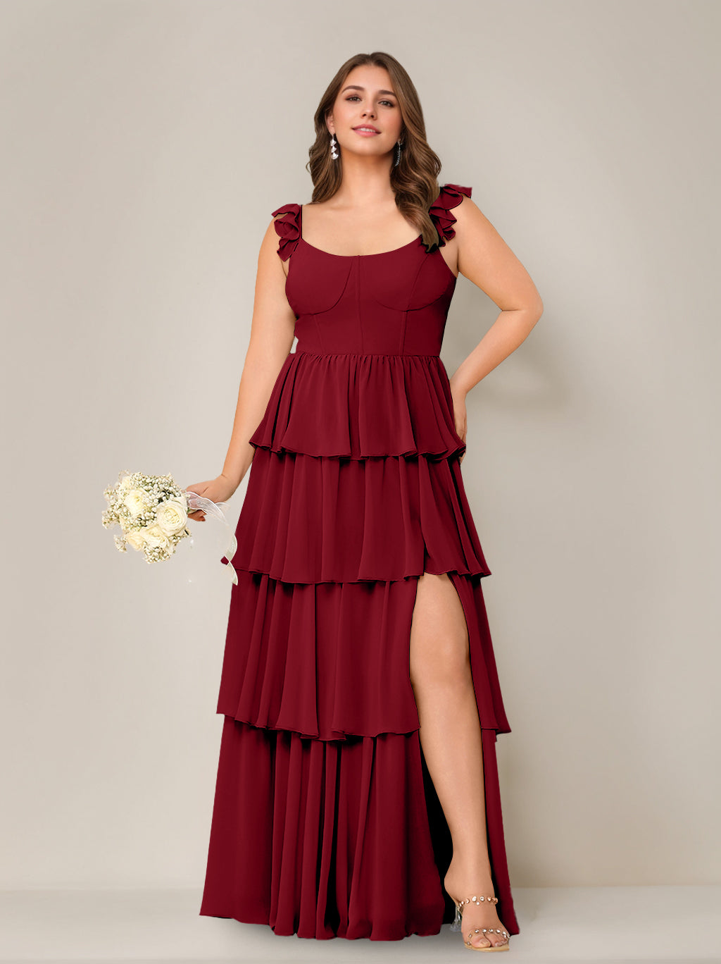 A-Line/Princess Scoop Neck Sleeveless Floor-Length Plus Size Bridesmaid Dress with Ruffles & Split Side