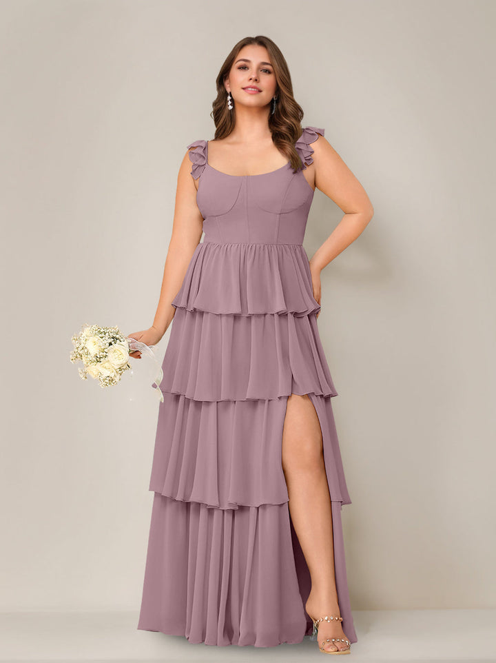 A-Line/Princess Scoop Neck Sleeveless Floor-Length Plus Size Bridesmaid Dress with Ruffles & Split Side