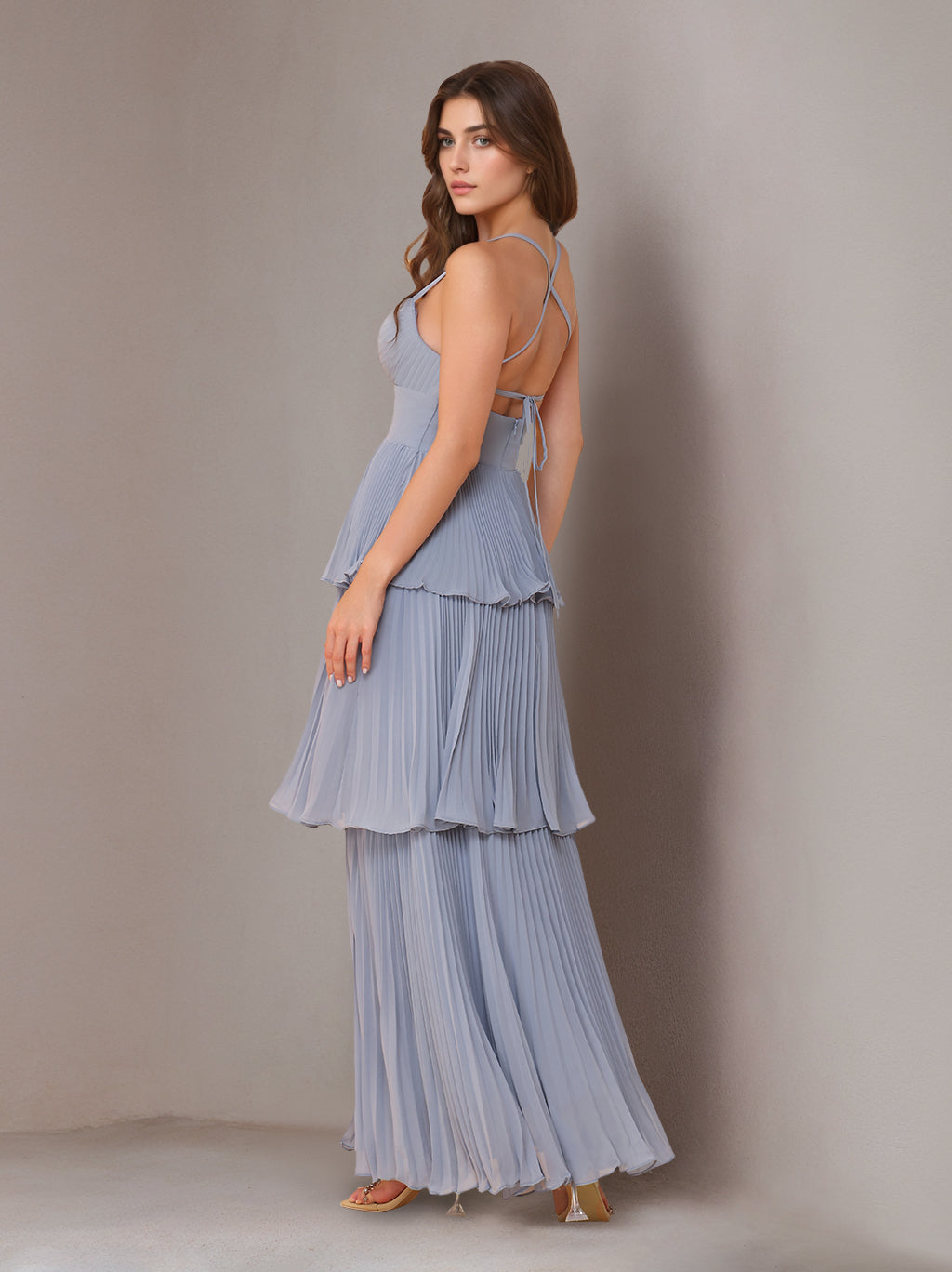 A-Line/Princess Spaghetti Straps Sleeveless Floor-Length Chiffon Bridesmaid Dresses with Pleated