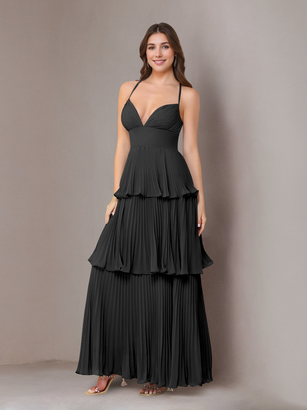 A-Line/Princess Spaghetti Straps Sleeveless Floor-Length Chiffon Bridesmaid Dresses with Pleated