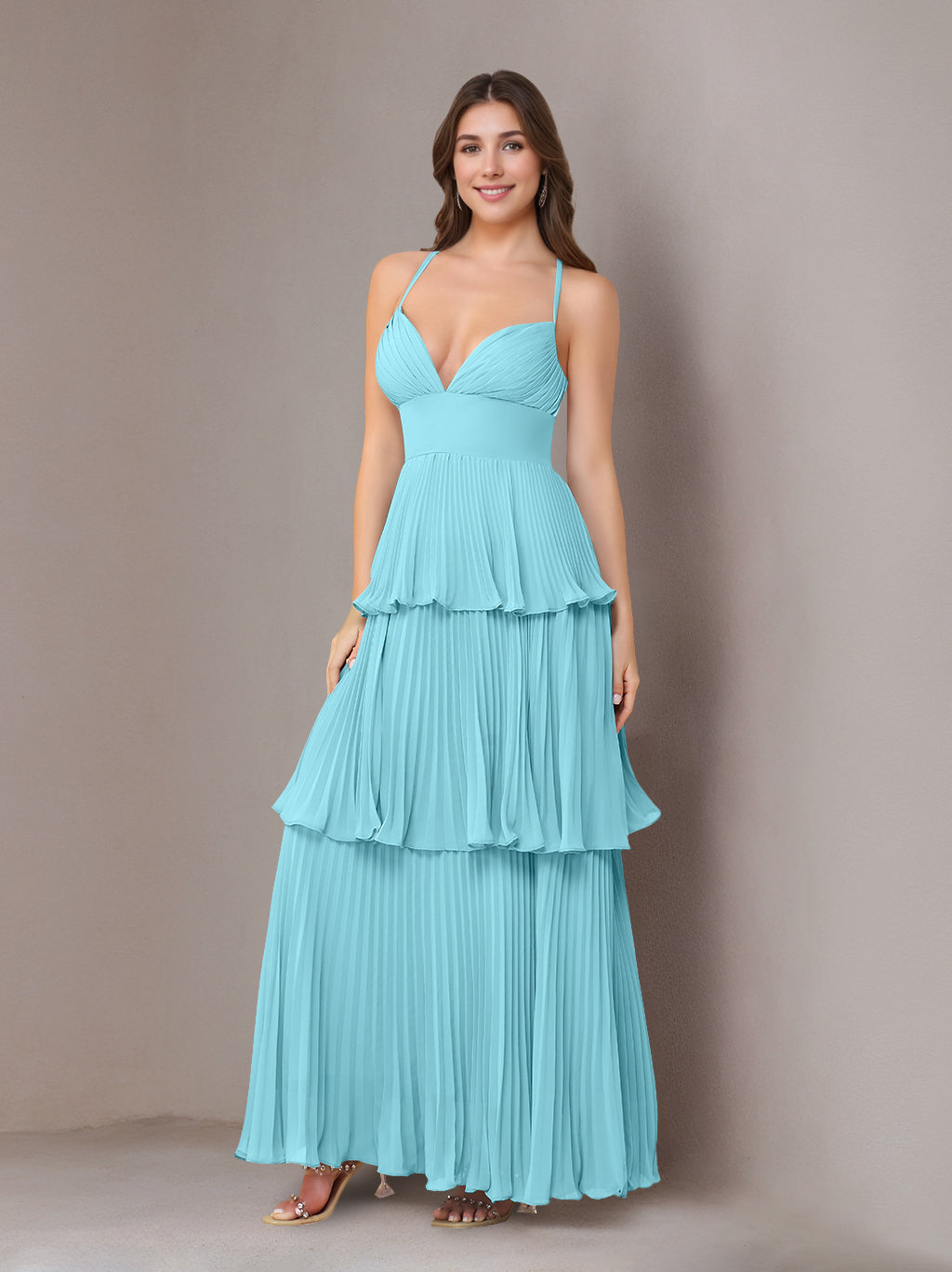 A-Line/Princess Spaghetti Straps Sleeveless Floor-Length Chiffon Bridesmaid Dresses with Pleated